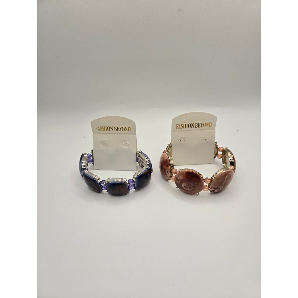 Fashion Beyond Stretch Bracelet Set Blue Purple Mauve Marbled Resin 2 Piece